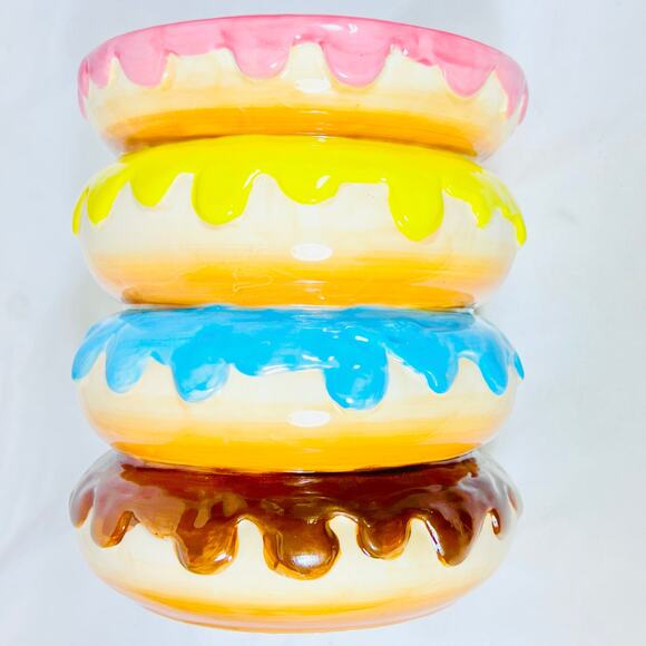 Coco + Lola Donut Cookie Jar Colorful Stack of Donuts Ceramic Kitchen Decor Used - Picture 3 of 9